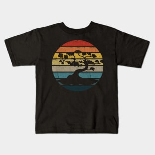 Bonsai Tree Silhouette On A Distressed Retro Sunset design Kids T-Shirt